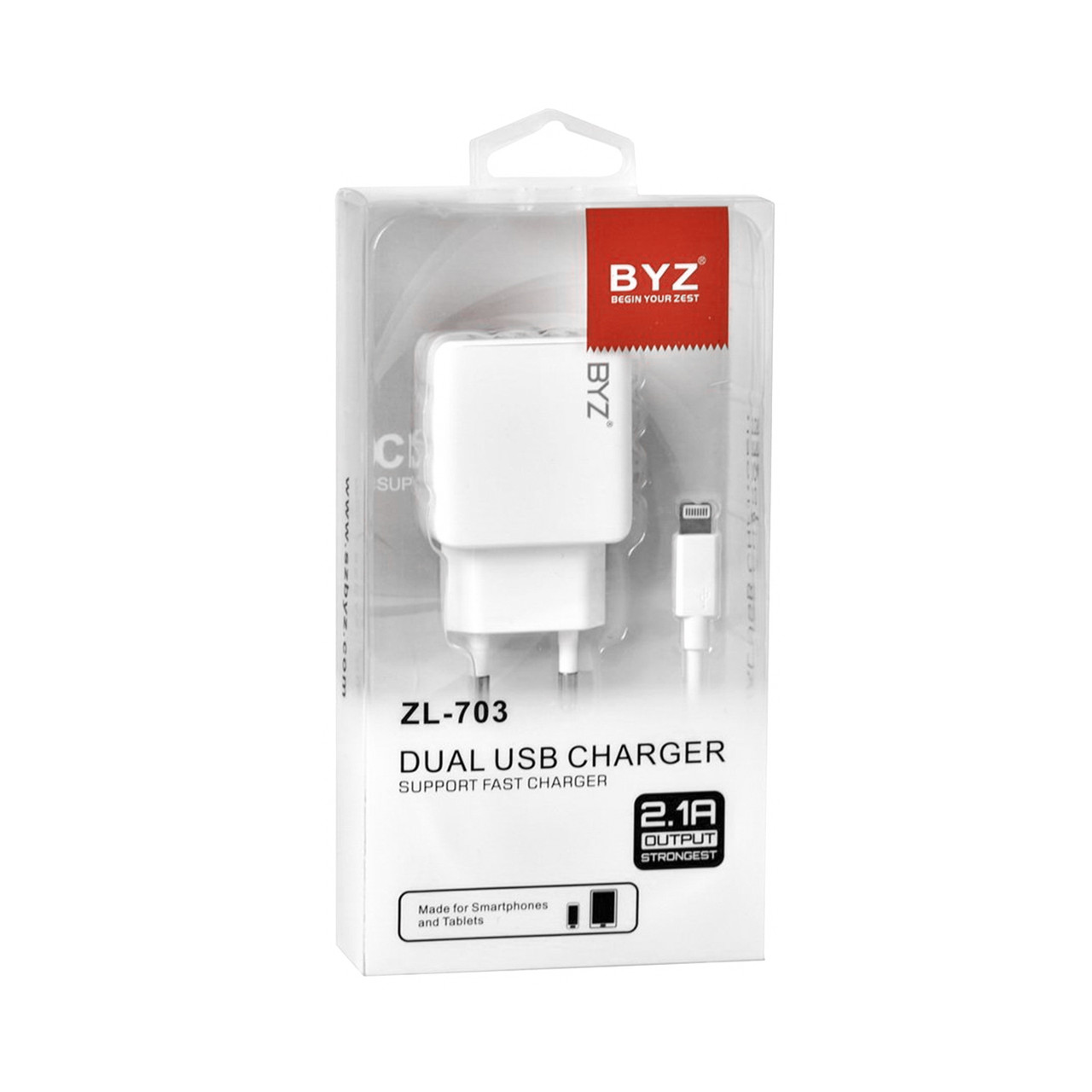 Сетевое зарядное устройство BYZ ZL-703 с кабелем Lightning 2xUSB 2.1A White