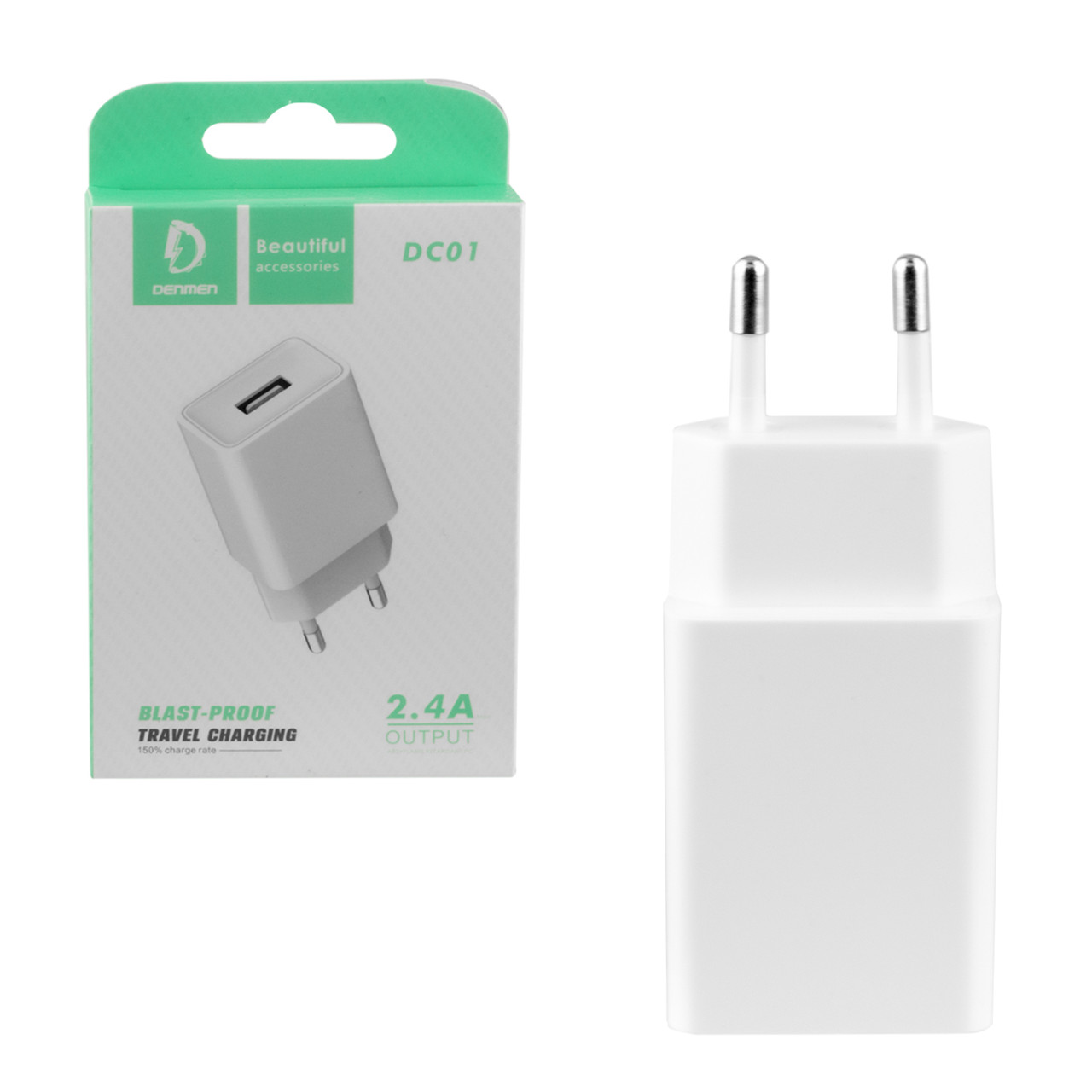 Сетевое зарядное устройство Denmen DC01 1xUSB 5V-2.4A, White