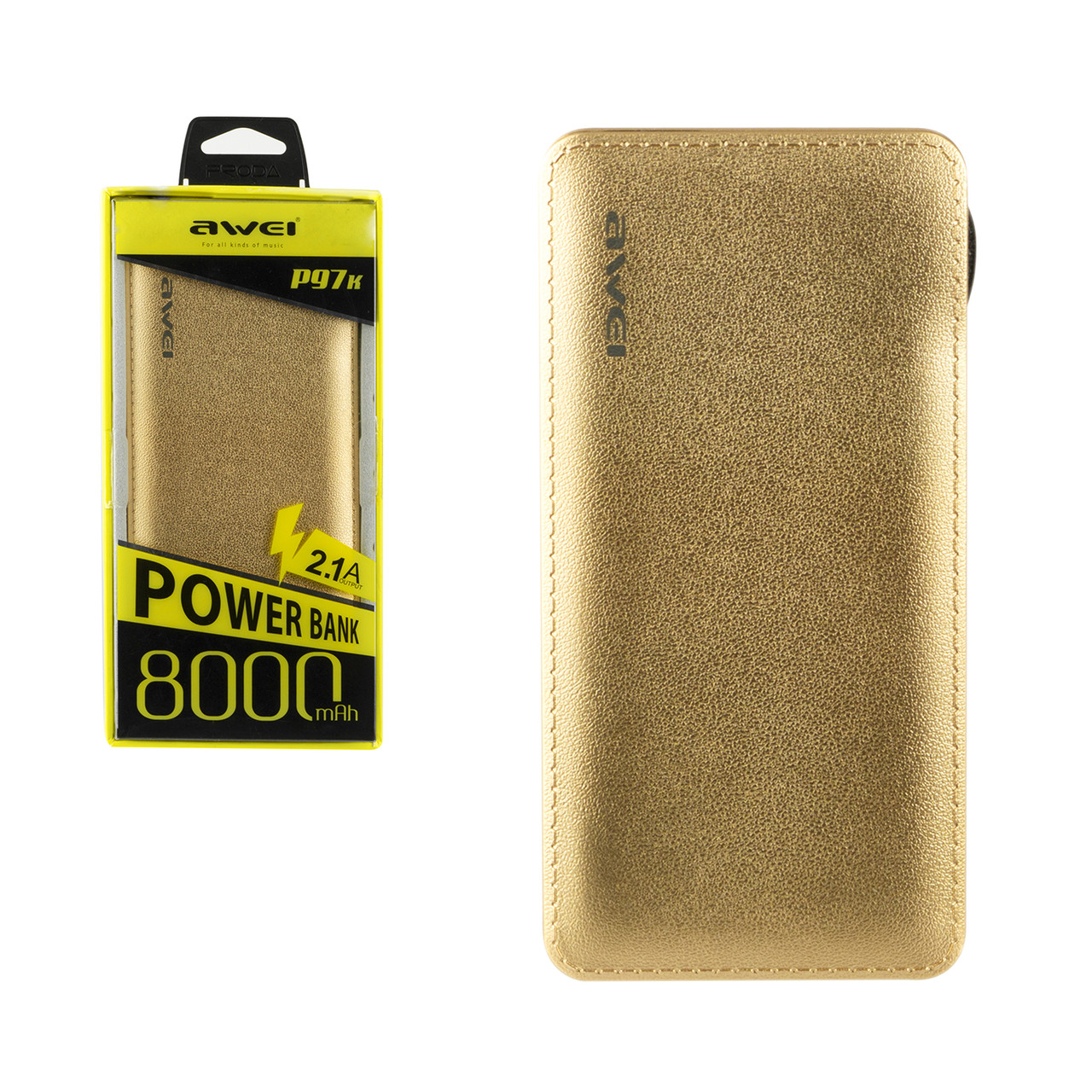 Power bank Awei P97K 8000 mAh 1XUSB+ кабель lightning/micro USB Gold