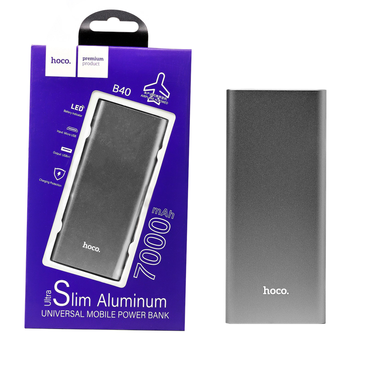 Power bank Hoco B40 Slim Aluminum 7000mAh 1XUSB 5V/2A, Silver