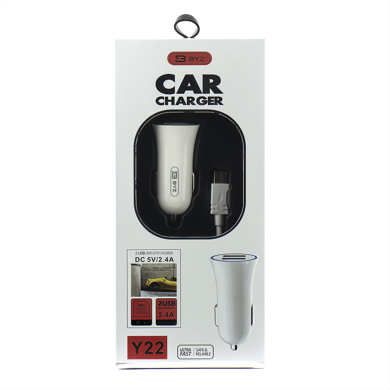 Автомобильное зарядное устройство BYZ Y22 с кабелем Type- C 2XUSB 2.4A, White