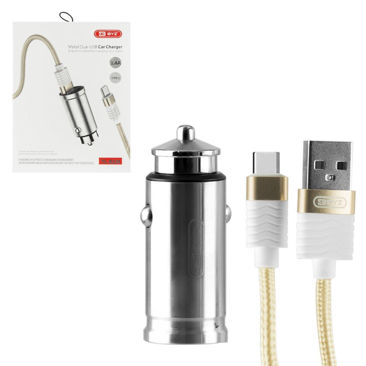 Автомобильное зарядное устройство BYZ YL-823m с кабелем Typ-C 2XUSB 2.4A, Silver