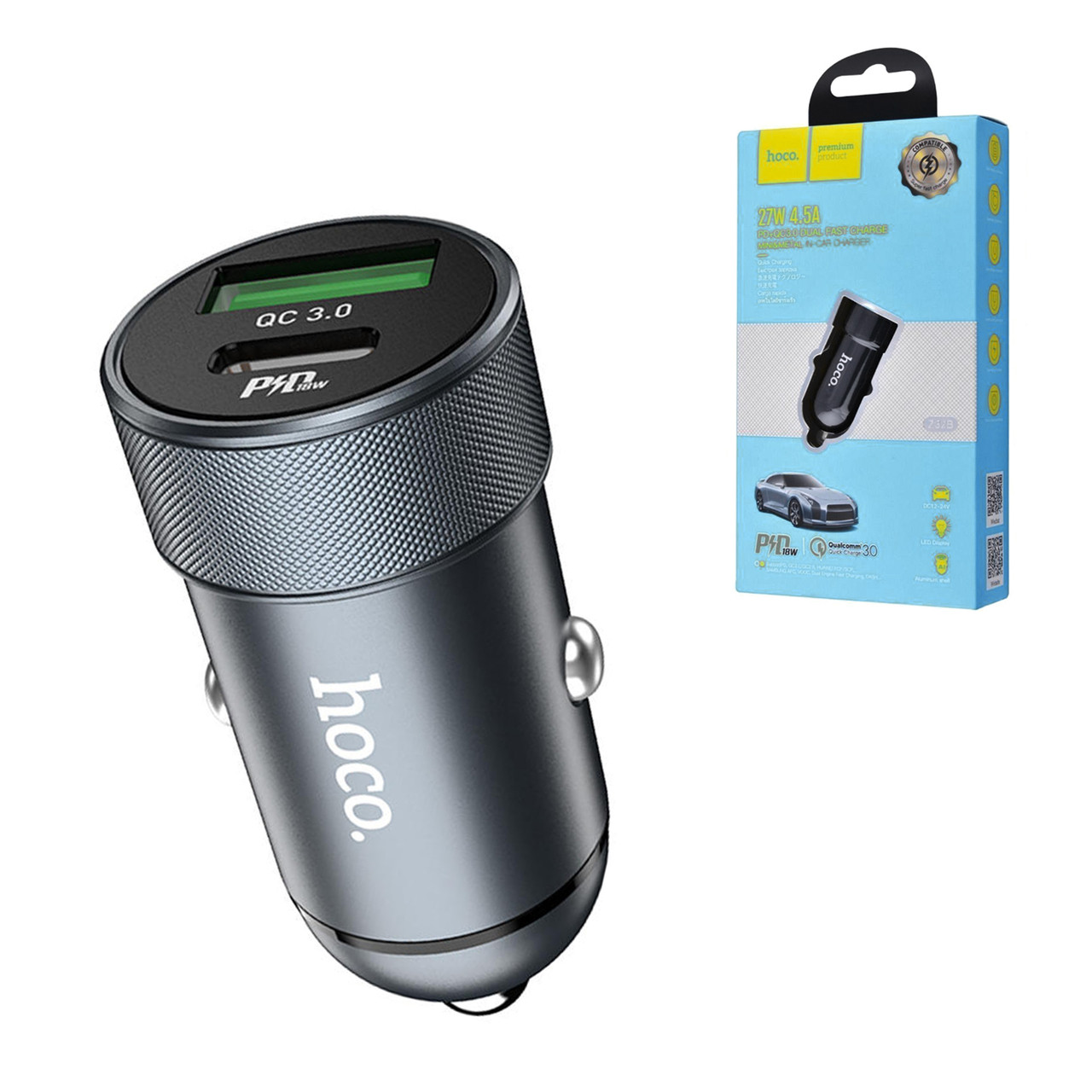 Автомобильное зарядное устройство Hoco Z32B PD 18W QC 3.0 27W/4.5A, Black