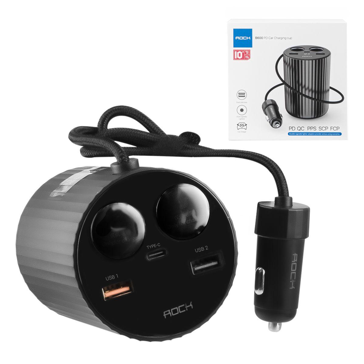 Автомобильное зарядное устройство Rock B000 2XUSB 2XSocket adapter PD QC, Black