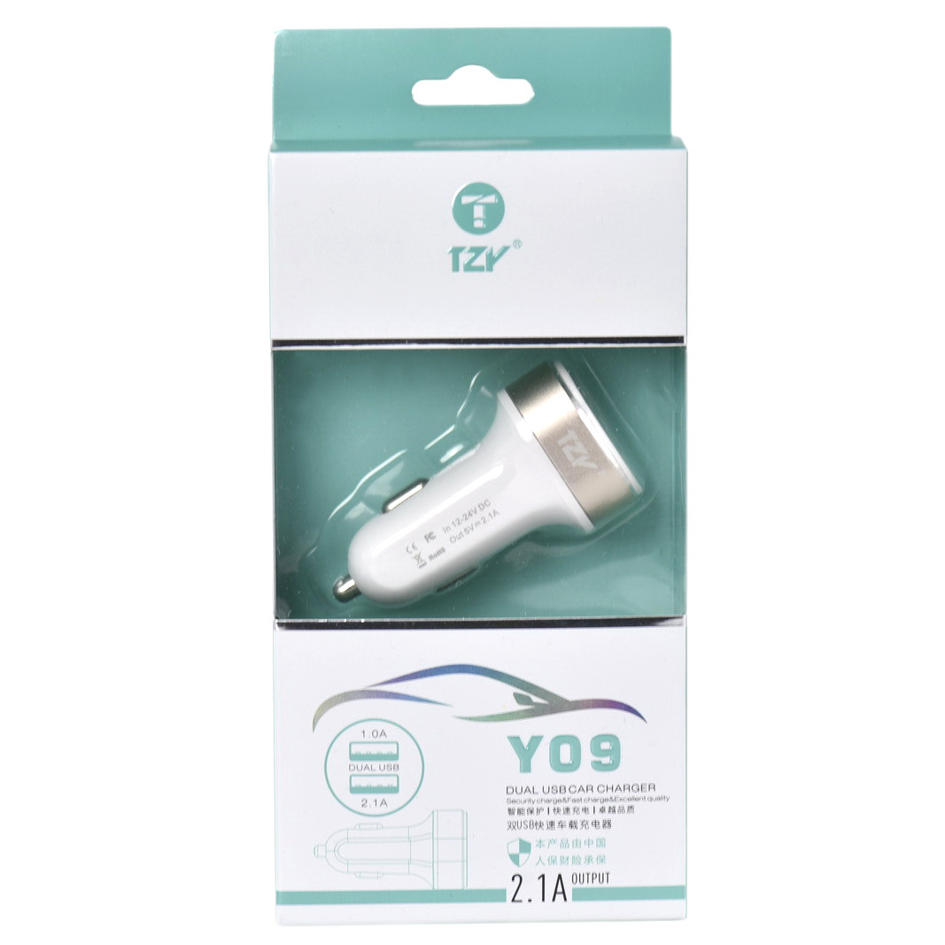 Автомобильное зарядное устройство TZY- Y09 2.1A - 1.0A 2XUSB White/Gold