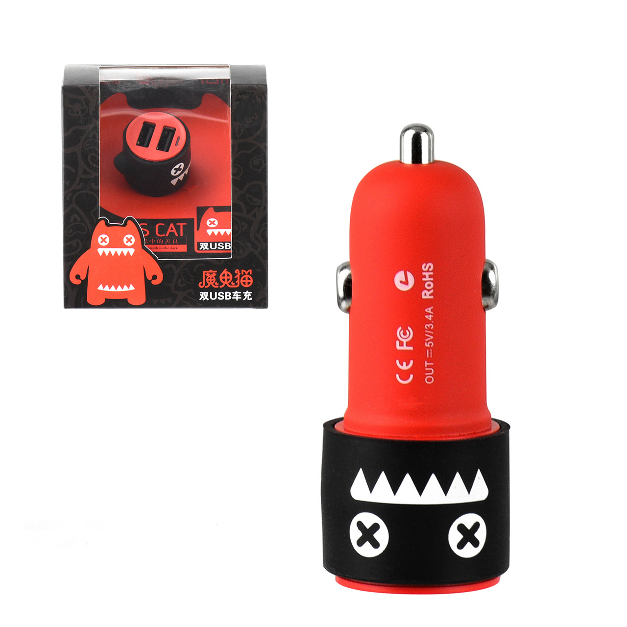 Автомобильное зарядное устройство Zombies Cat 2XUSB 3.4A/ Black/Red