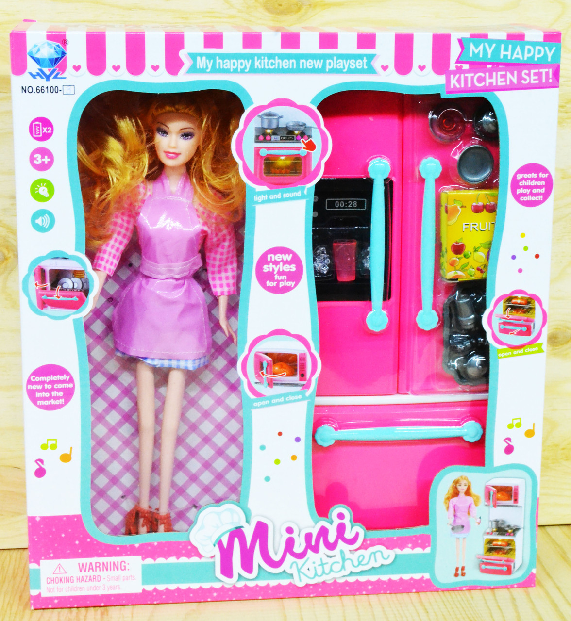 66100-3 Кукла  с фартуком и холодильником Mini Kitchen 33*30см