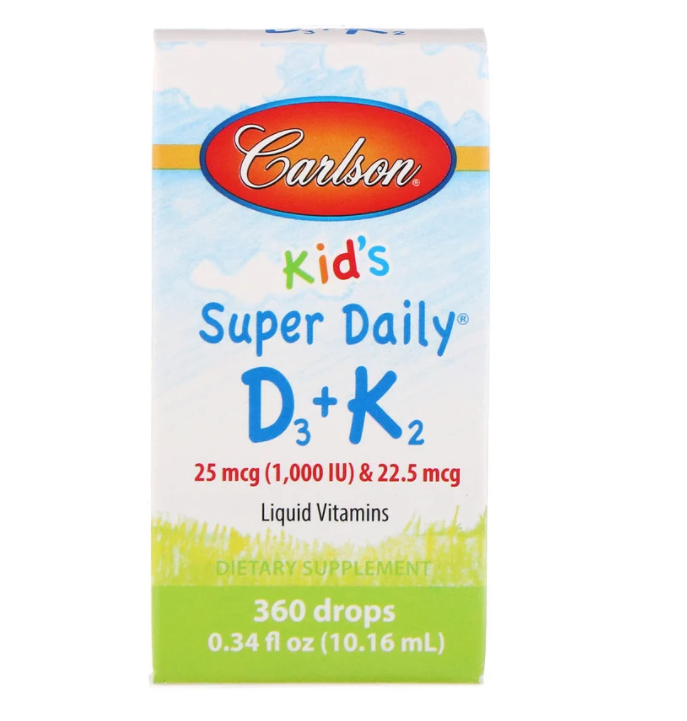 Carlson Labs, Kids, Super Daily D3+K2, 25 мкг (1000 МЕ) и 22,5 мкг, 10,16 мл (0,34 жидкой унции)