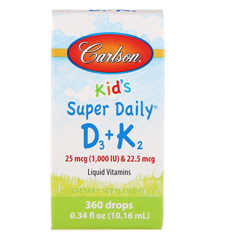 Carlson, Super Daily D3+K2 для детей, 25 мкг (1000 МЕ) и 22,5 мкг, 10,16 мл (0,34 жидк. унции)