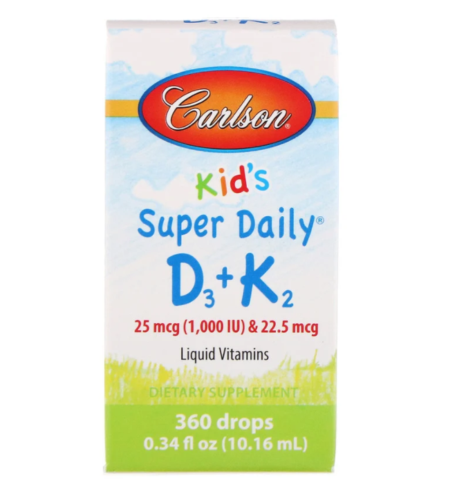 Carlson, Super Daily D3+K2 для детей, 25 мкг (1000 МЕ) и 22,5 мкг, 10,16 мл (0,34 жидк. унции) - фото 1 - id-p83963160