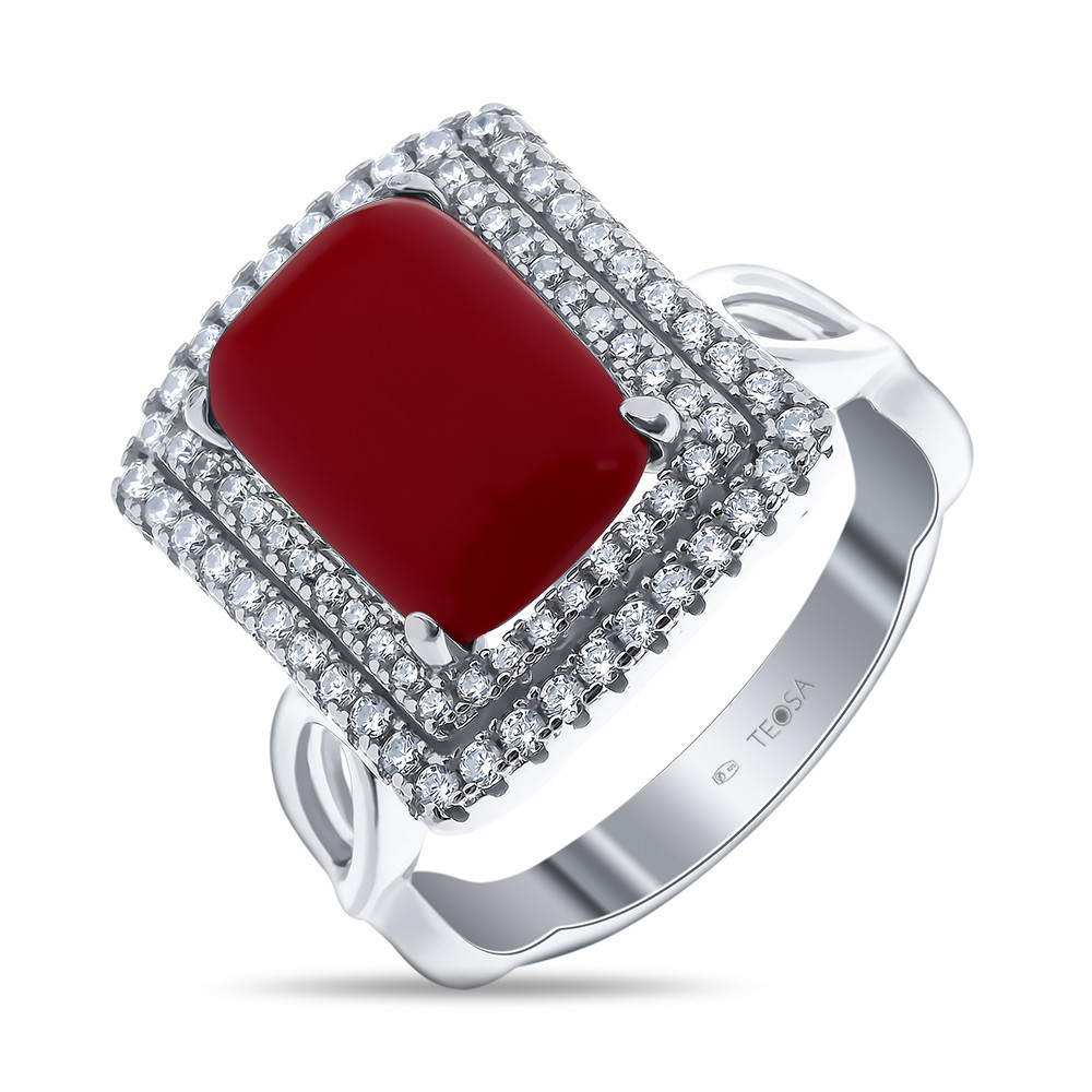 Кольцо TEOSA серебро с родием, коралл синт. фианит, квадрат F-TQ000584R-COR