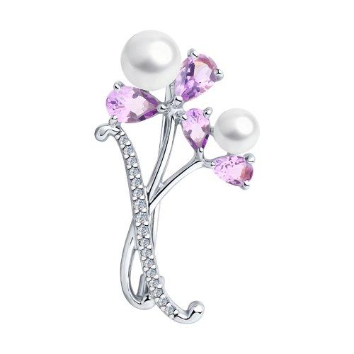 Брошь SOKOLOV серебро с родием, жемчуг swarovski синт. аметист фианит 92040086
