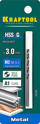 Сверло по металлу KRAFTOOL, Ø 3 мм, HSS-G, сталь М2 (S6-5-2), класс A, DIN 338 (29651-3), фото 2