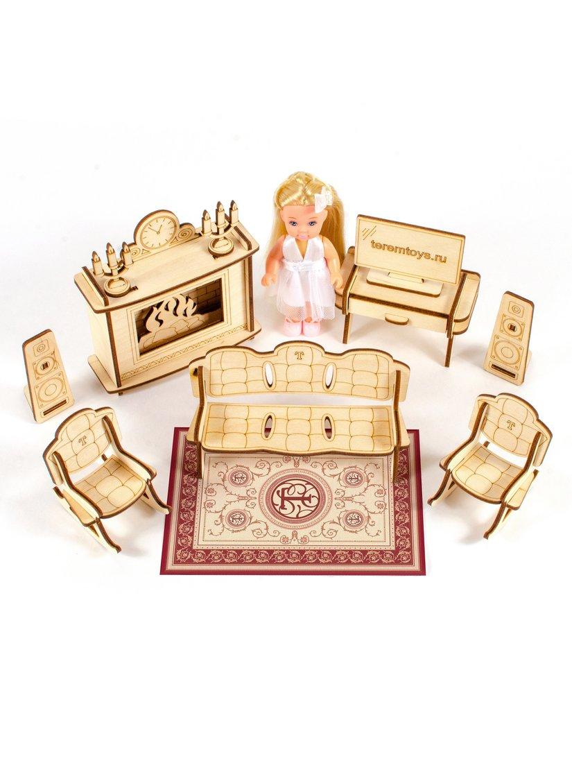 Теремок Сборная деревянная модель мебели для кукол 10-15 см "Гостиная с камином"