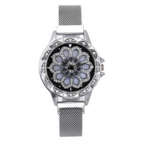 Часы женские наручные «Бриллиантовый цветок» с вращающимся циферблатом и магнитным ремешком (Серебряный)