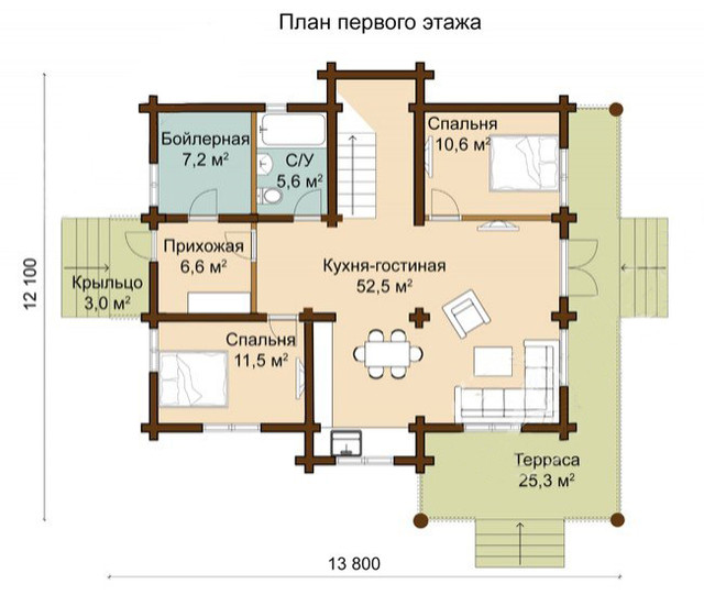 Проект двухэтажного дома из бруса с террасой, план двухэтажного дома и строительство под ключ, проектирование и строительство деревянных домов.