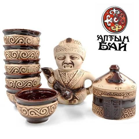 Чайный сервиз сувенирный с казахским орнаментом «Алтын бай» {10 предметов, на 6 персон, чайник-статуэтка}