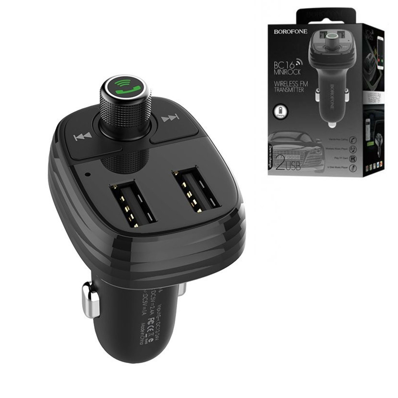 Автомобильное зарядное устройство + Bluetooth Fm Transmitter Borofone BC16 2XUSB, Black