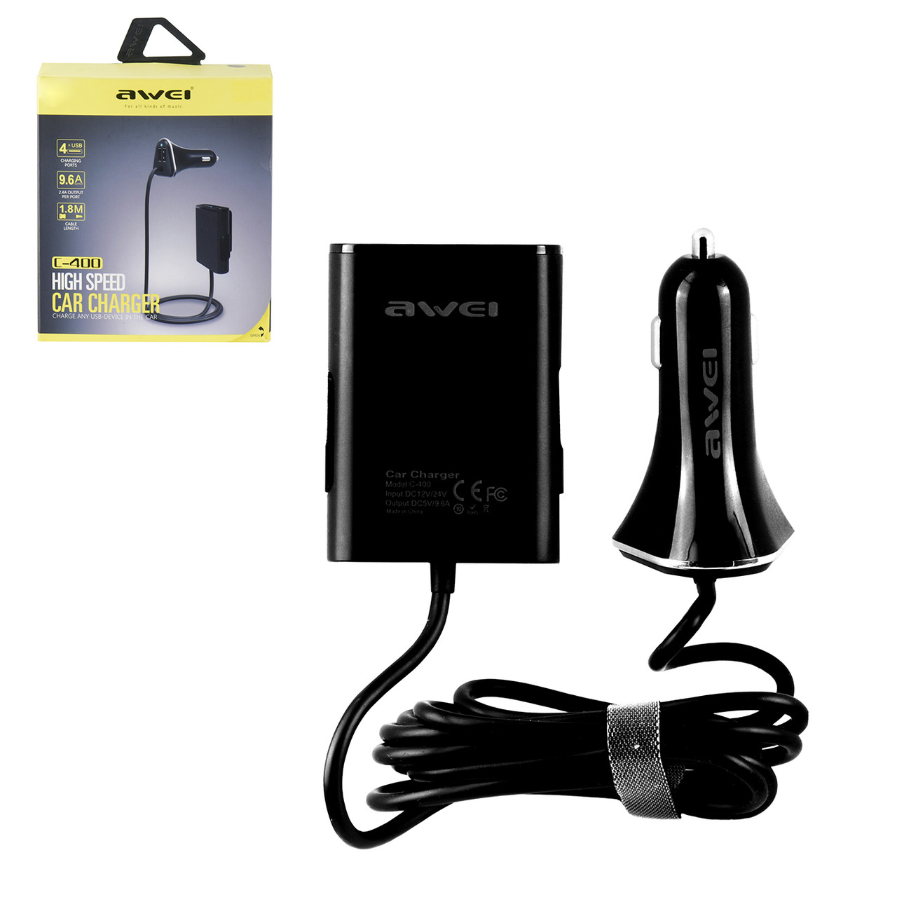 Автомобильное зарядное устройство Awei C-400 (96A) 2XUSB-48A + Cable (18m) 2XUSB-48A Black