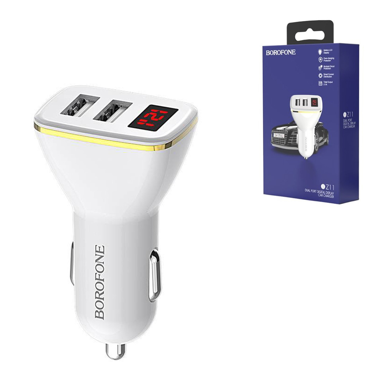 Автомобильное зарядное устройство Borofone BZ11 LCD 2XUSB 2.1A, White