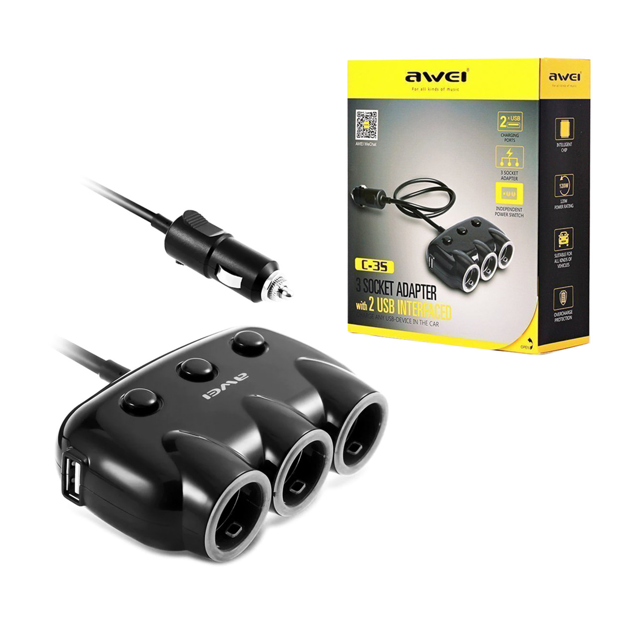 Автотройник Awei C-35 2XUSB 3 Socket adapter 120V/10A Black
