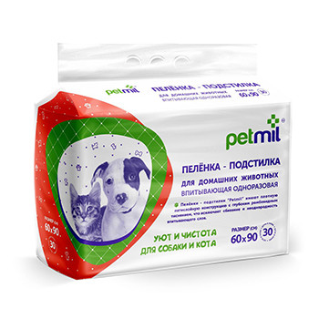 PetMil, одноразовые пеленки для животных, размер 60*90 см, уп.30 шт.