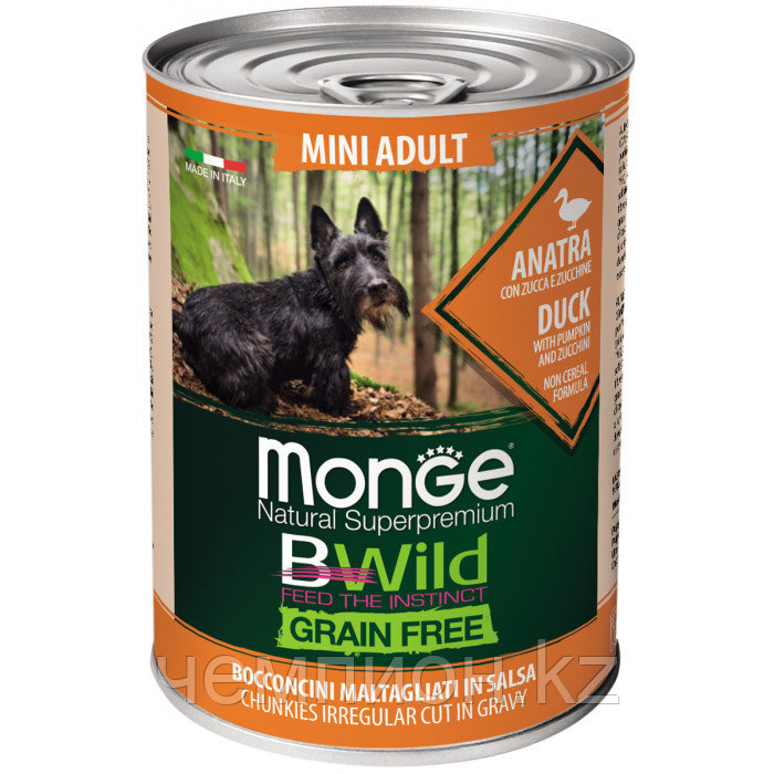 2638 Monge BWild GF, Mini Adult Anatra, влажный корм для взрослых собак мелких пород с уткой, банка 400гр.