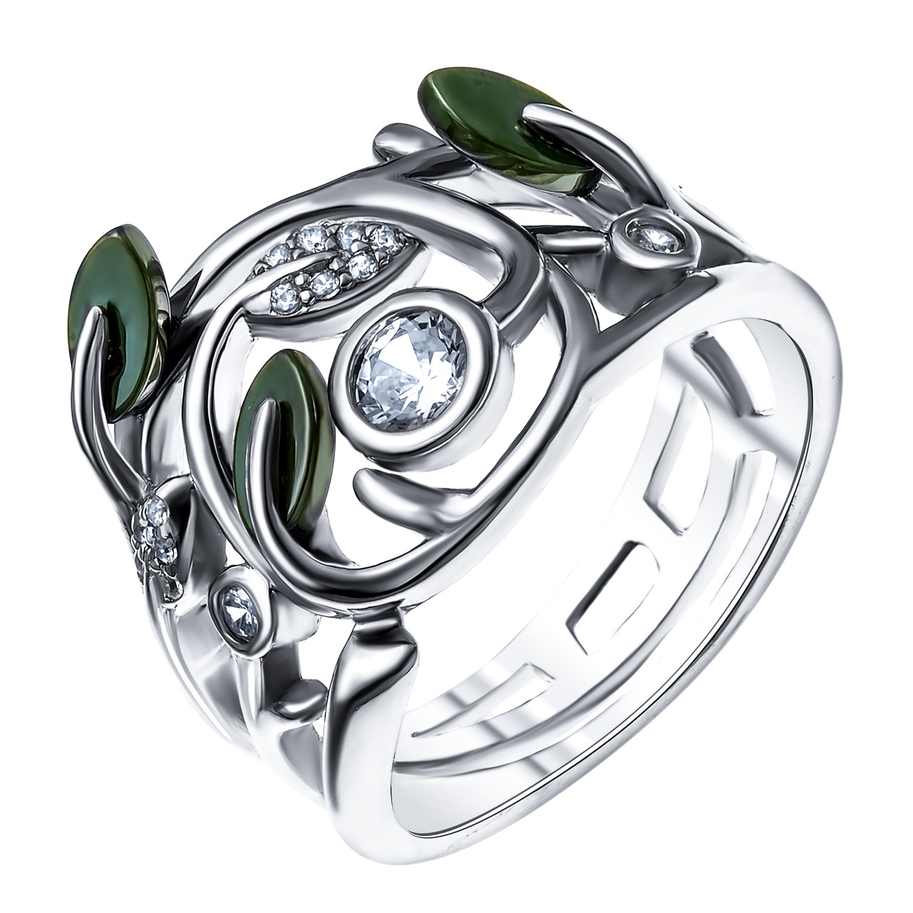 Кольцо Teosa серебро с родием, керамика фианит, флора ZCR-2255-O