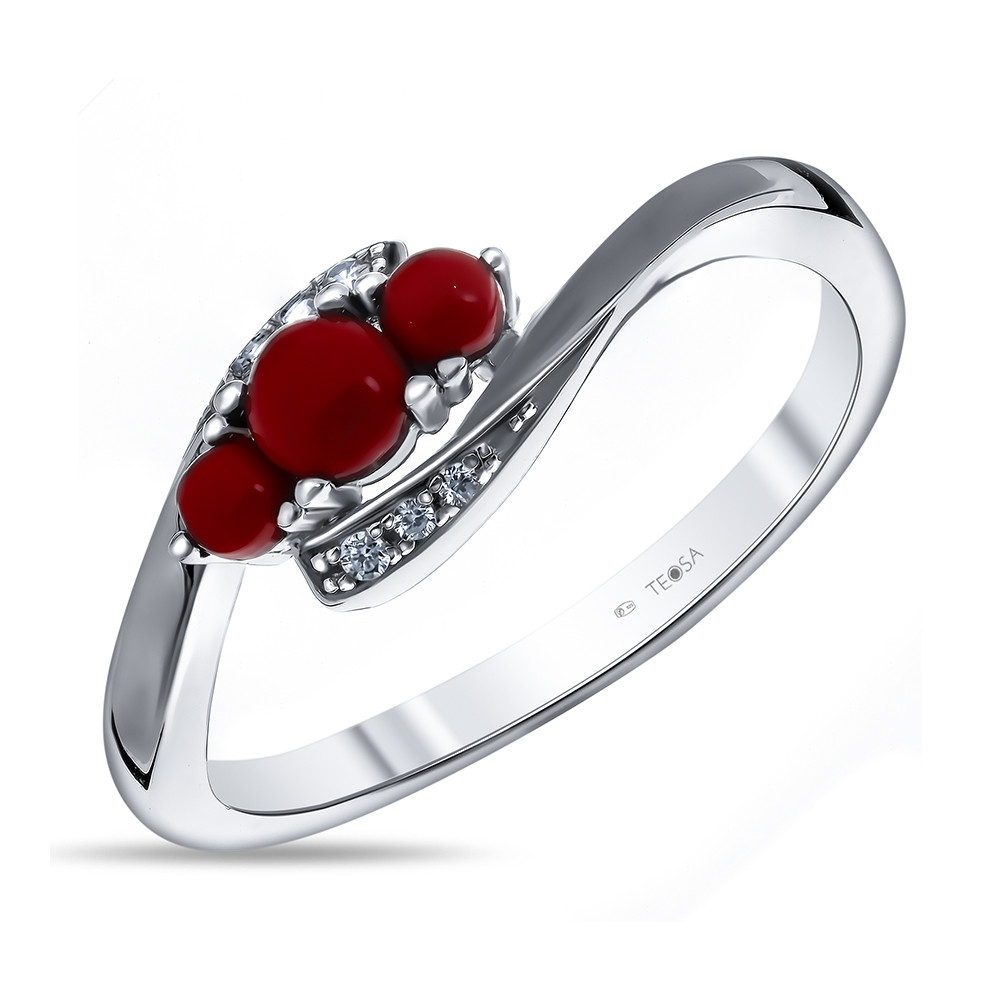 Кольцо Teosa серебро с родием, коралл синт. фианит, модное F-OD00109R-COR