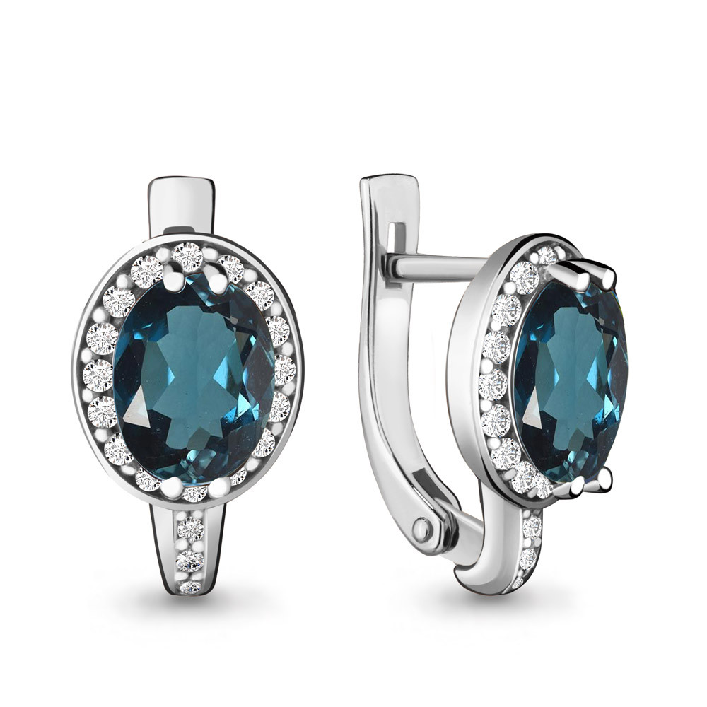 Серьги Aquamarine серебро с родием, топаз лондон фианит, "halo" 4413708А