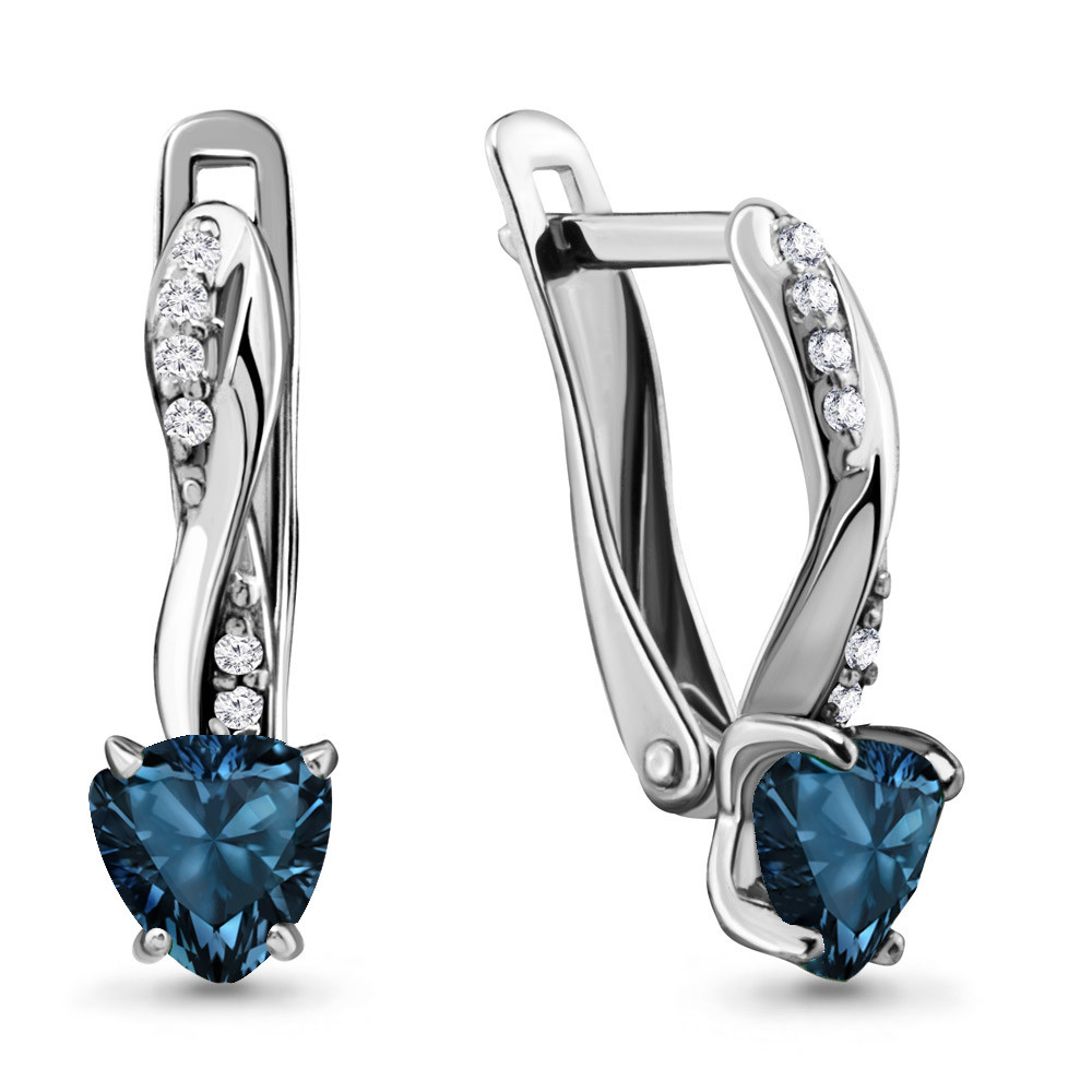 Серьги Aquamarine серебро с родием, топаз лондон фианит, с английским замком, "halo" 4419008А