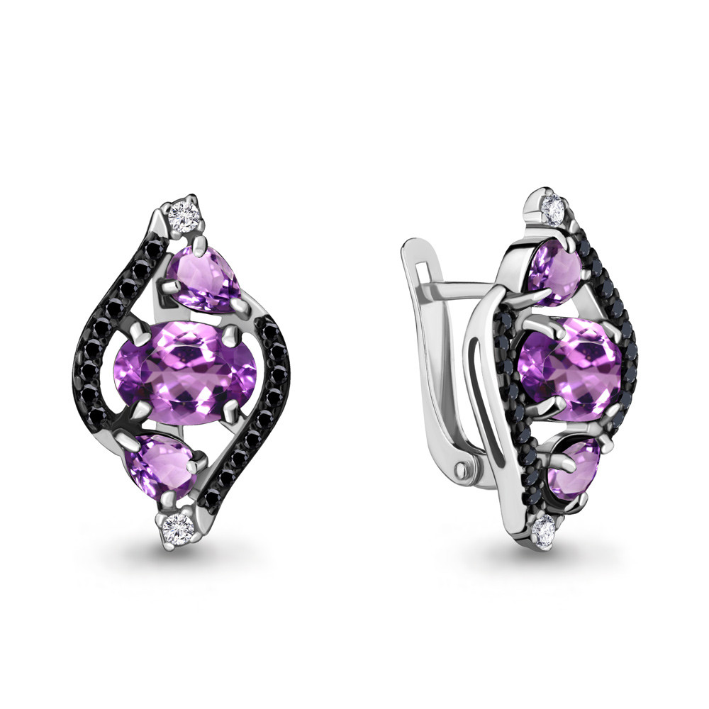 Серьги Aquamarine серебро с родием, аметист нано кристалл фианит шпинель синт., многокаменка 4474604Ч