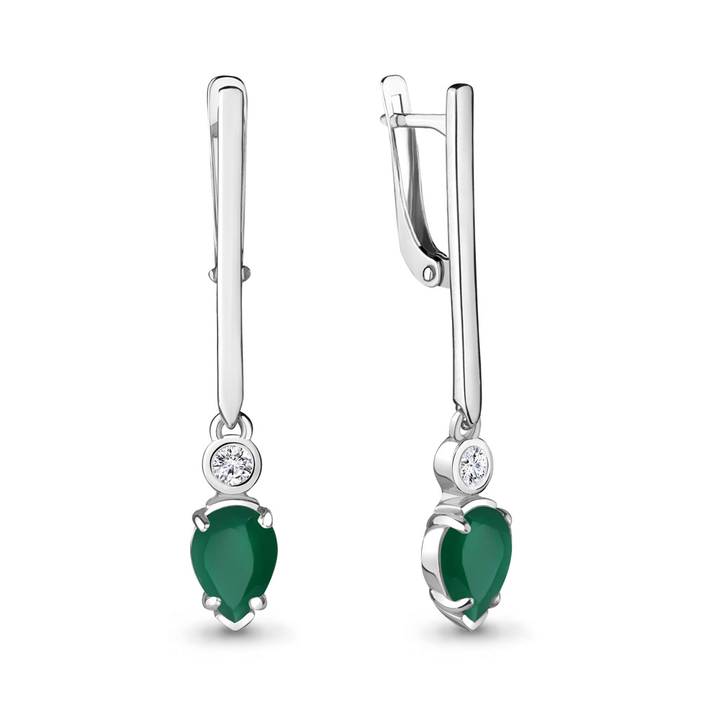 Серьги Aquamarine серебро с родием, агат зеленый фианит, с английским замком, "halo" 4725409А.5
