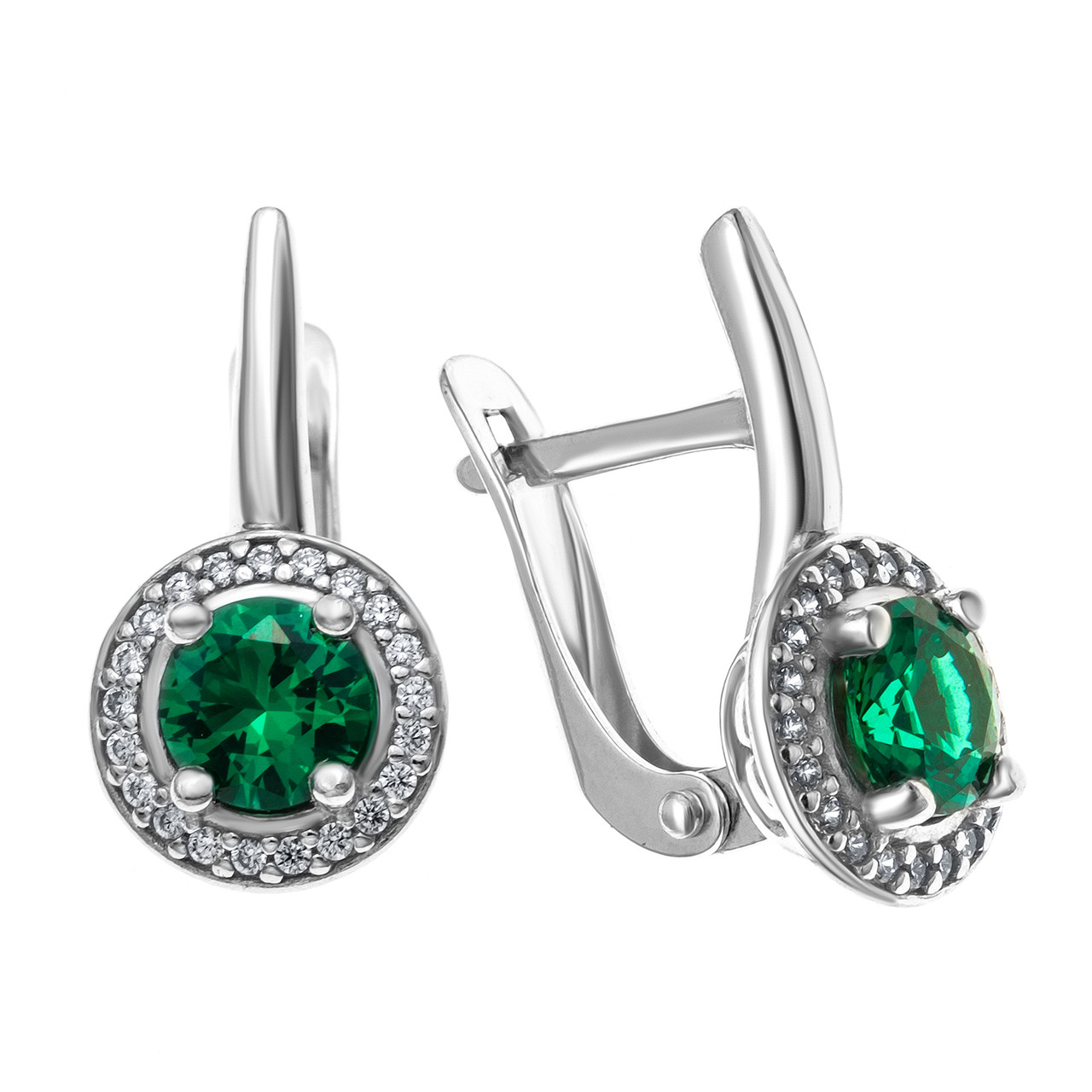 Серьги Aquamarine серебро с родием, нано изумруд фианит, с английским замком, "halo" 42983Г