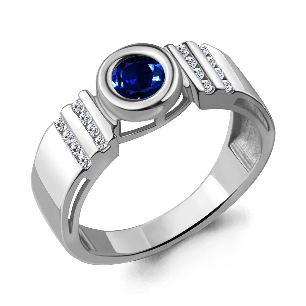 Серебряное кольцо  Фианит  Наносапфир Aquamarine 69161АБ.5 покрыто  родием коллекц. Клеопатра
