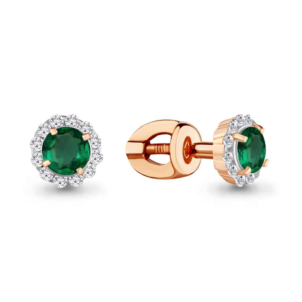 Серьги Aquamarine серебро с позолотой, изумруд фианит, винтовой замок, "halo" 42884Г.6