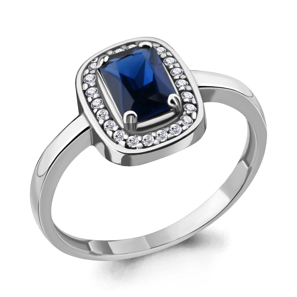 Кольцо Aquamarine серебро с родием, сапфир фианит, "halo" 63902Б.5 размеры - 17 18