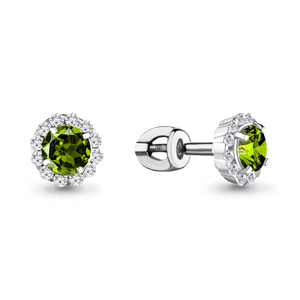 Серьги Aquamarine серебро с родием, фианит хризолит, винтовой замок, "halo" 4408607А.5