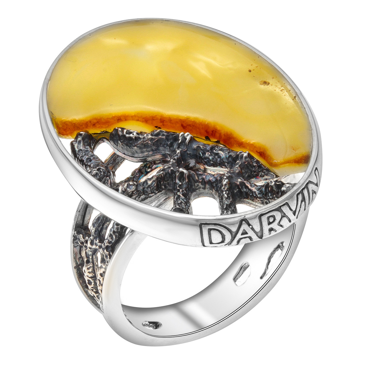 Кольцо Darvin из черненного серебра, янтарь белый, необычное 520034003aa размеры - 16 18