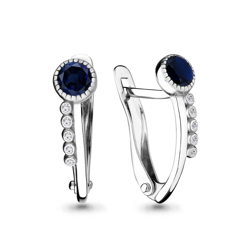 Серьги AQUAMARINE серебро с родием, нано сапфир фианит, с английским замком, "halo" 46157Б.5