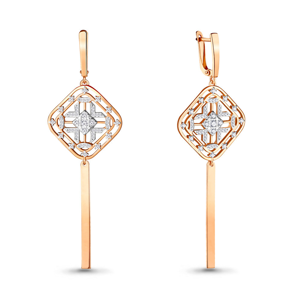 Серьги AQUAMARINE серебро с позолотой, фианит, с английским замком, квадрат 46872А#