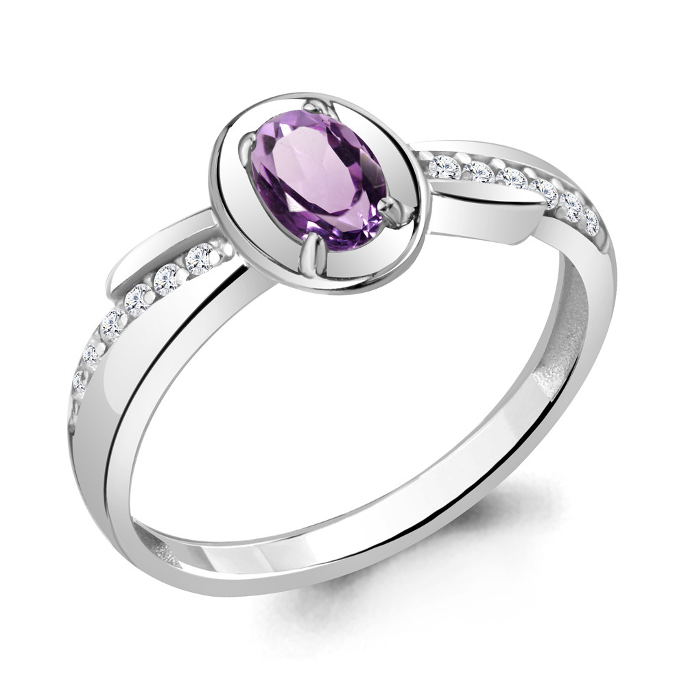 Кольцо AQUAMARINE серебро с родием, аметист фианит, "halo" 6942604А.5 размеры - 19