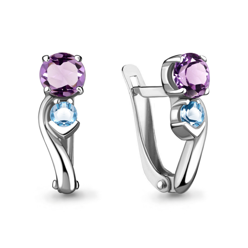 Серьги AQUAMARINE серебро с родием, аметист топаз свисс, с английским замком, многокаменка 47377602.5