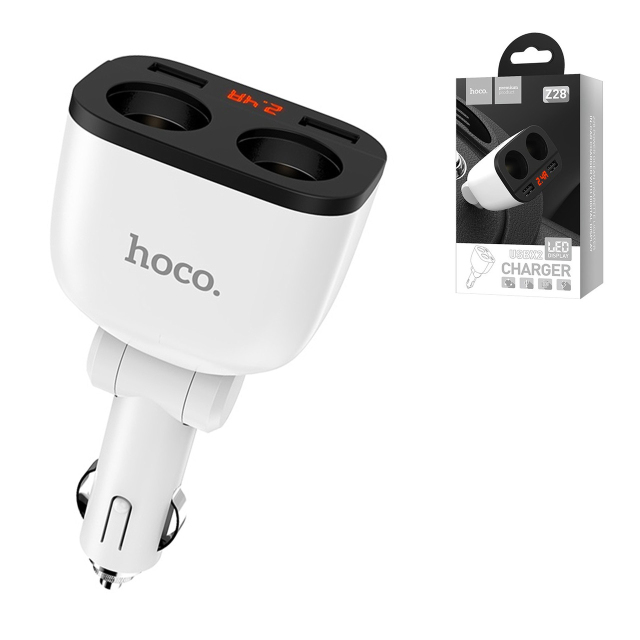 Автотройник Hoco Z28 2XUSB 2.1A 2XSocket adapter, Black/White