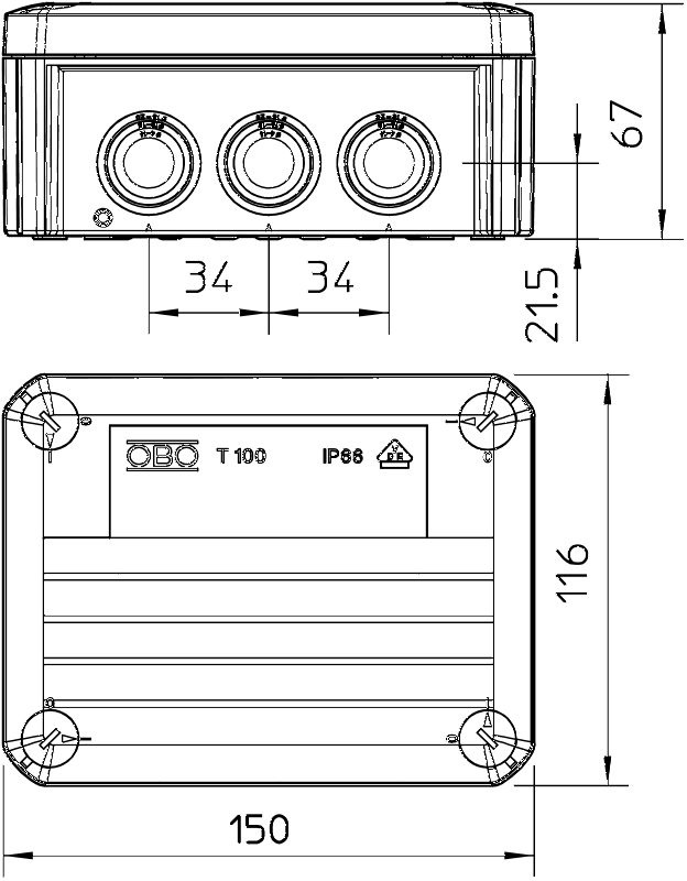 Распределительная коробка T100, влагозащищенная, IP 66, 150x116x67 мм. Тип: T 100. Бренд ОБО Беттерманн, OBO - фото 2 - id-p85107353