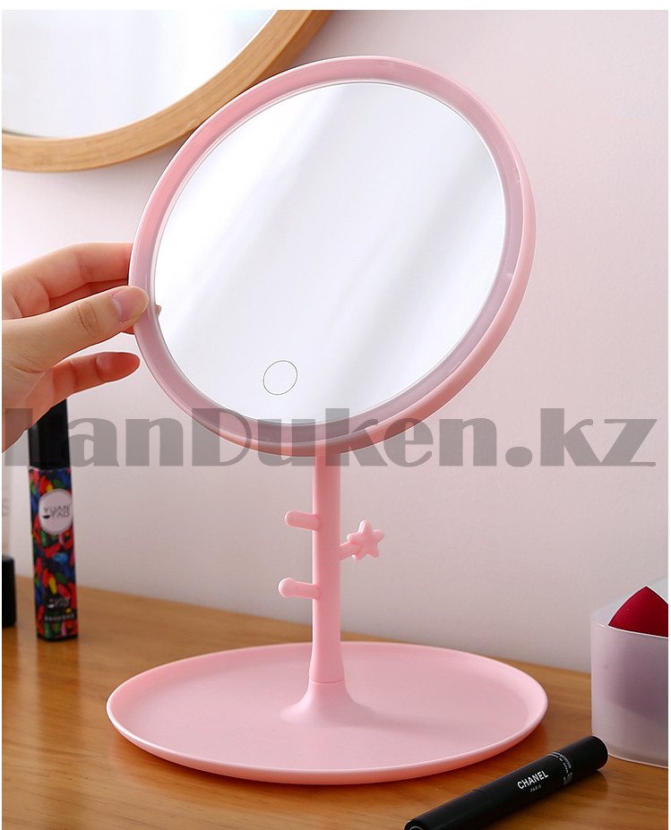 Зеркало косметическое настольное аккумуляторное с подсветкой 3 режимами с подставкой для украшений розовое - фото 9 - id-p85140833