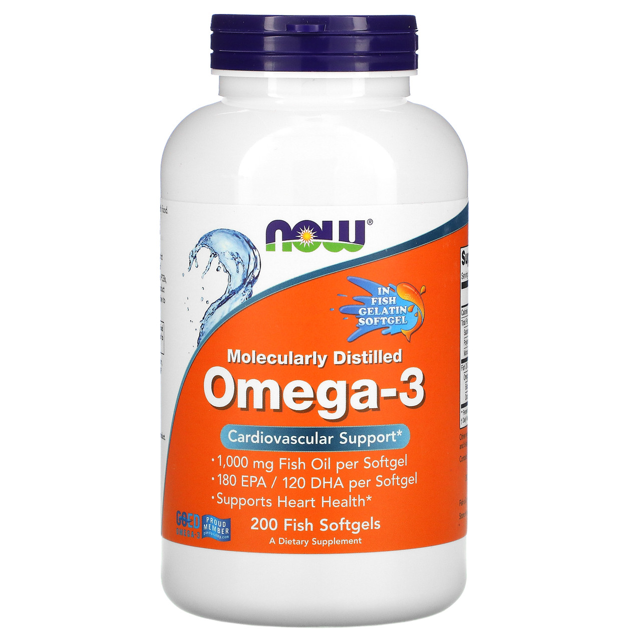 Now Foods, омега-3, 1000мг, очищенная на молекулярном уровне, 200 капсул