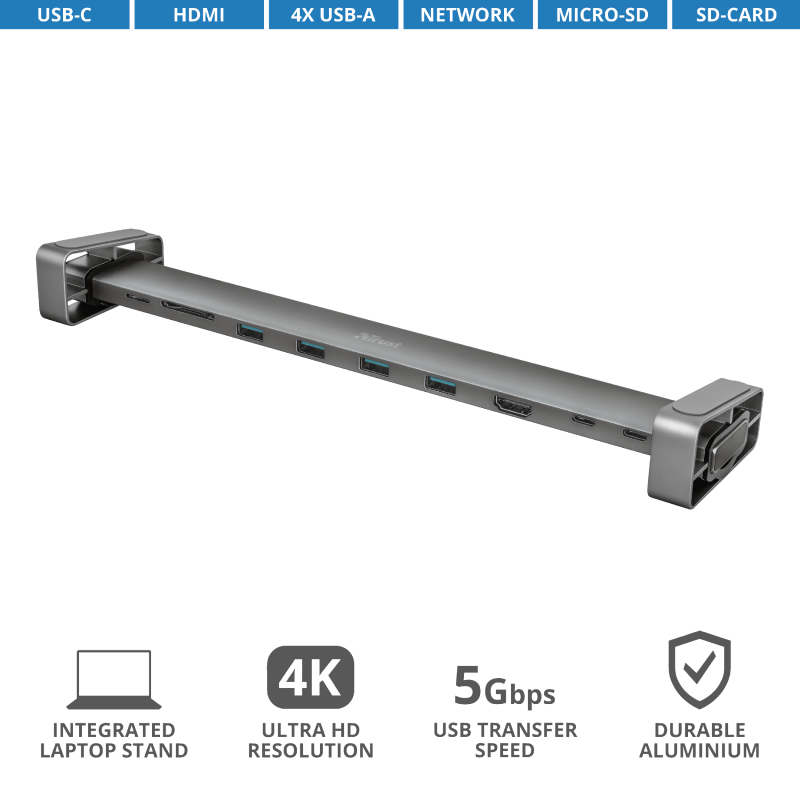 TRUST Dalyx Aluminium Разветвитель USB 10 портов 10-in-1 USB-C
