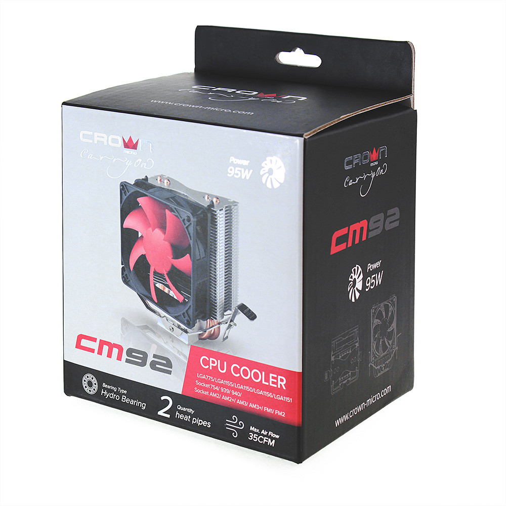 Кулер CROWN CM-92 (Для Intel и AMD, TDP до 95 Ватт, коннектор 3 pin, 2шт. медных теплопроводных - фото 3 - id-p85177949