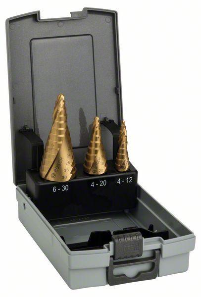 Набор ступенчатых сверл с трехгранным хвостовиком Bosch HSS-TiN, 3 шт - фото 1 - id-p85208014
